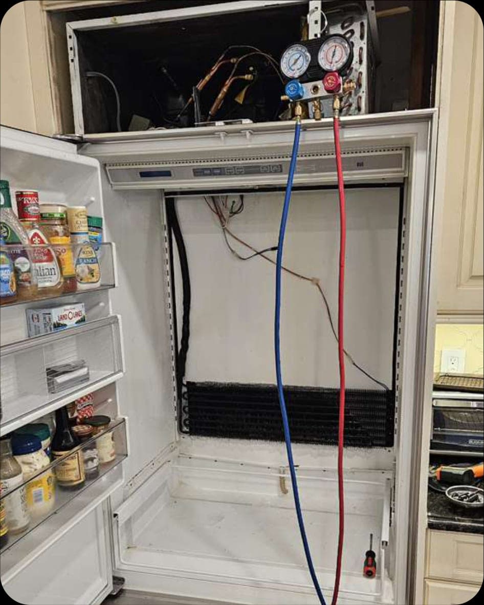 Sub-Zero refrigerator repair in Washington, DC, DC — The issue, located the leak, and performed a full freon recharge using professional manifold gauges to restore proper pressure levels
