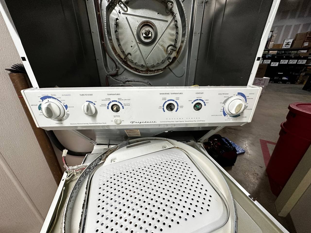 Frigidaire dryer repair in Silver Spring, MD — Dryer section of a laundry center not heating