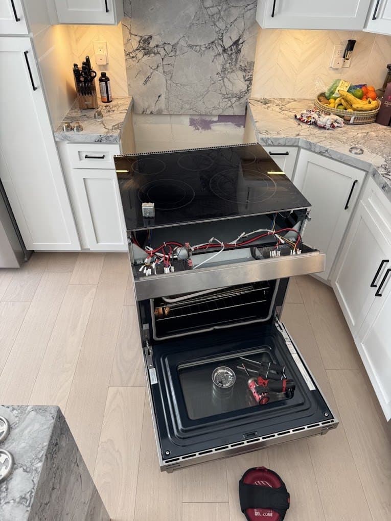 Samsung range repair in Chevy Chase, MD — Slide-in range oven and two elements dead