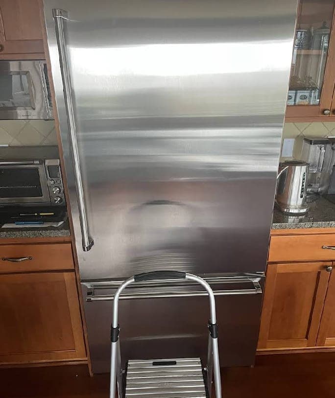Thermador refrigerator repair in Fairfax, VA — Defrost system failure, heavy frost blocking evaporator airflow and warming the fresh food section