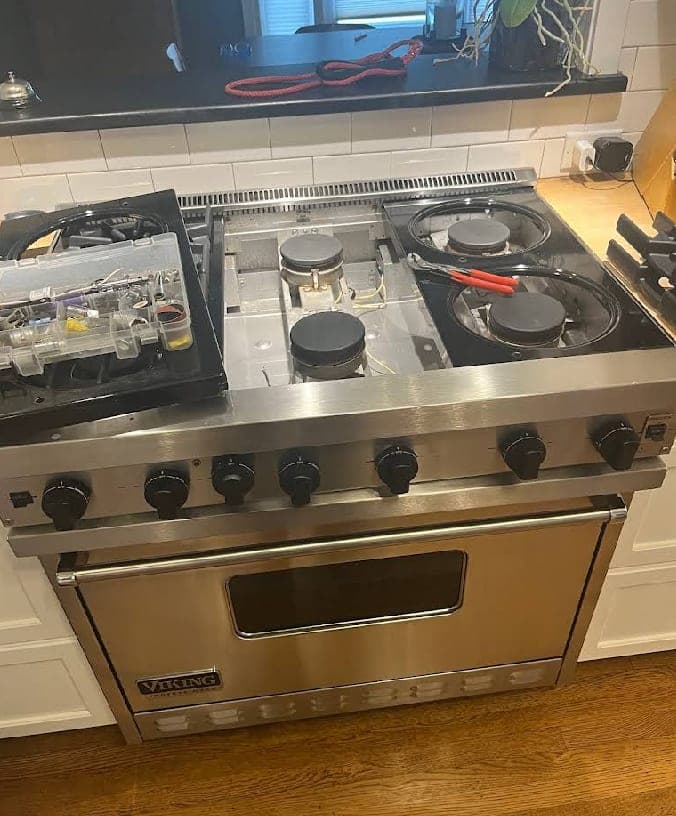Viking range repair in Great Falls, VA — Multiple burners not igniting and gas valves failing
