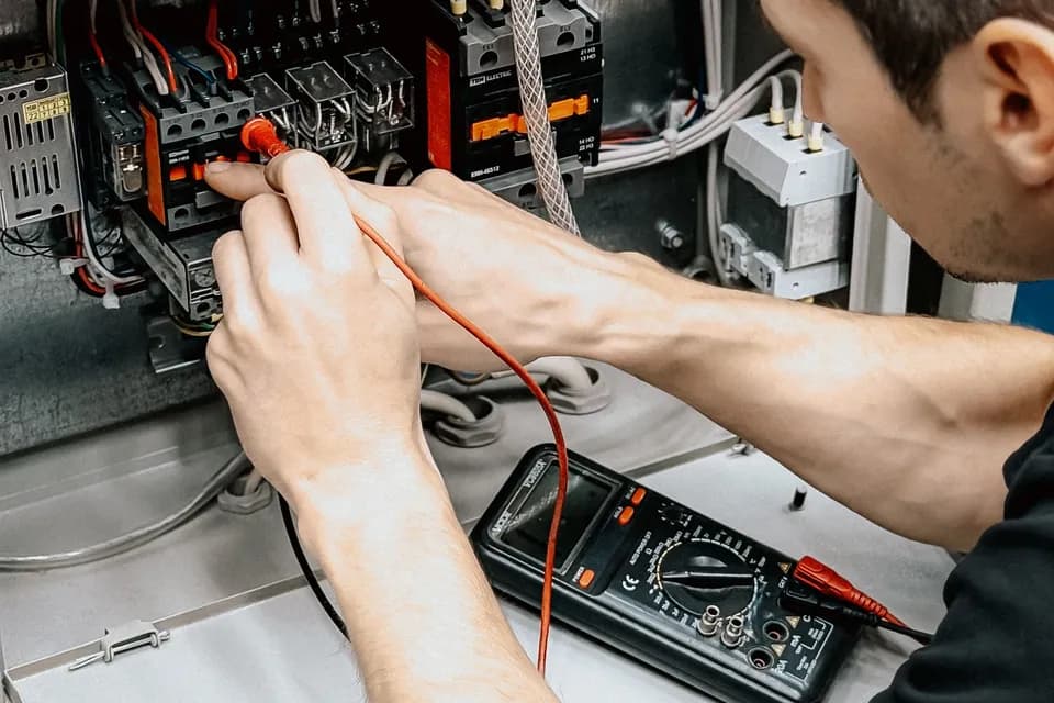 Hands checking a control board with a multimeter