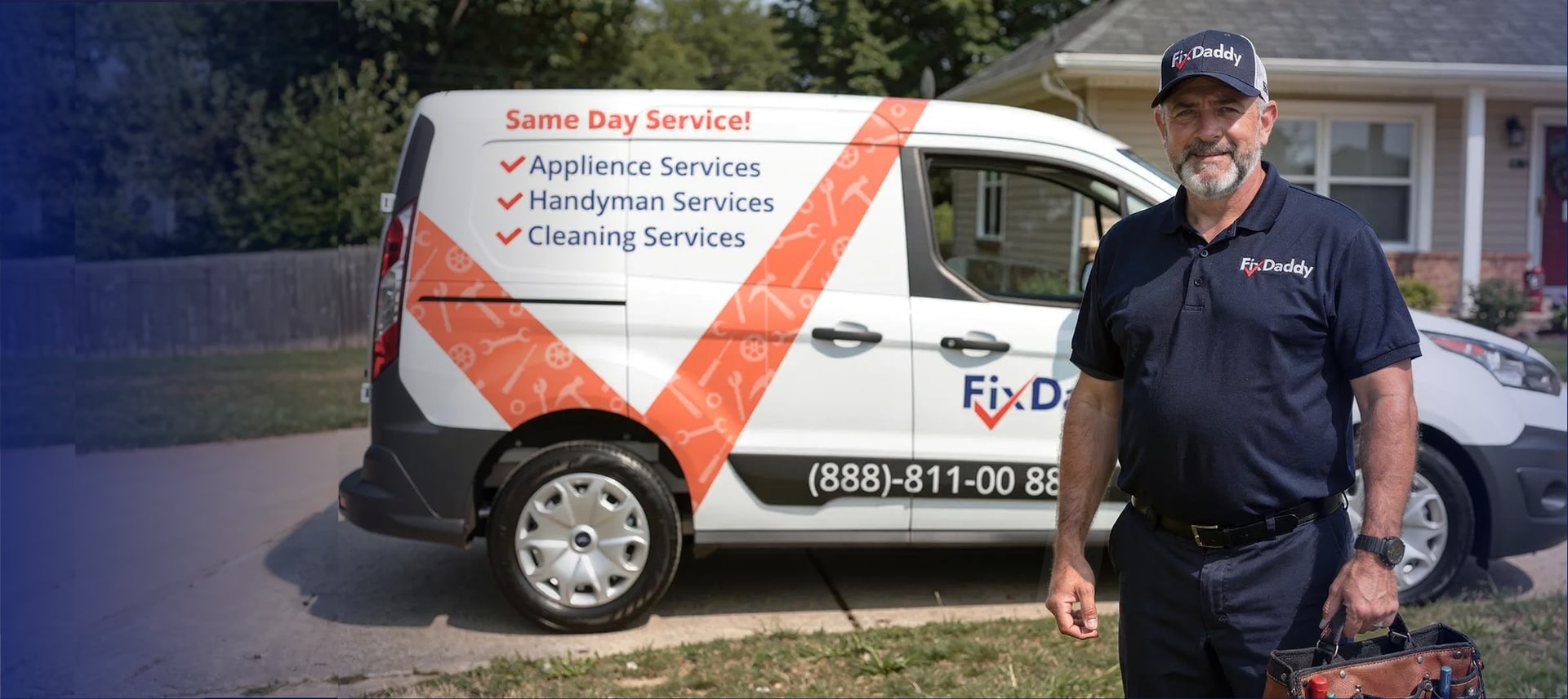 FixDaddy appliance repair technician with a tool bag next to the FixDaddy service van